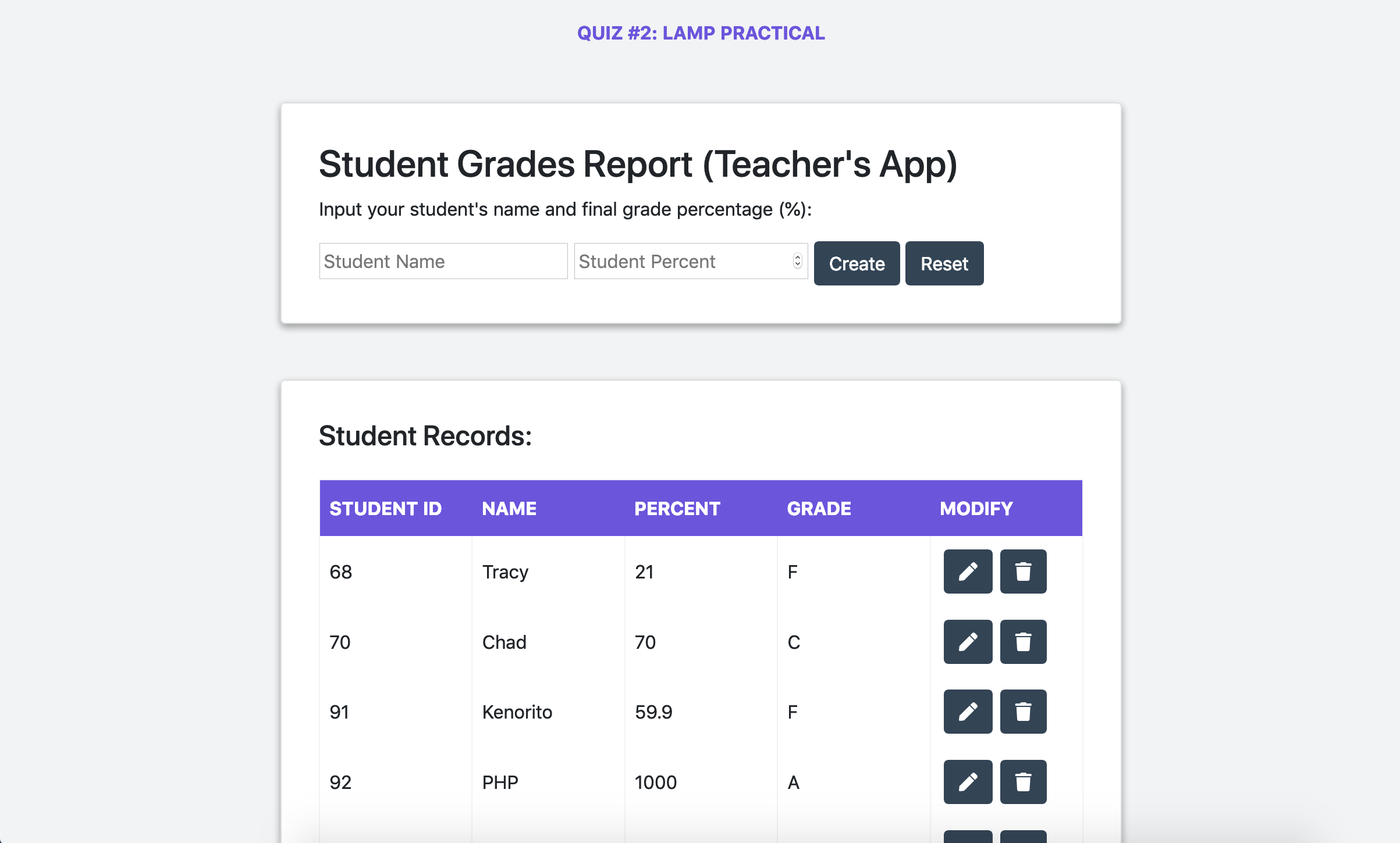 Screenshot of Student Grades website